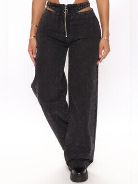 Fashion Nova Washed Black Wide-Leg Jeans with Front Ring Zip Cutouts